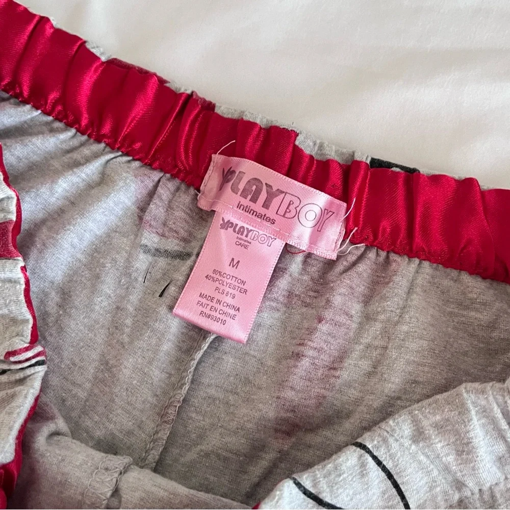 Playboy Lounge Pants Medium Gray Red Bunny Print Y2K Elastic Waist - Picture 3 of 6